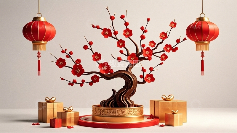 高清大图下载【趣麦麦图】中国新年灯笼梅花背景5