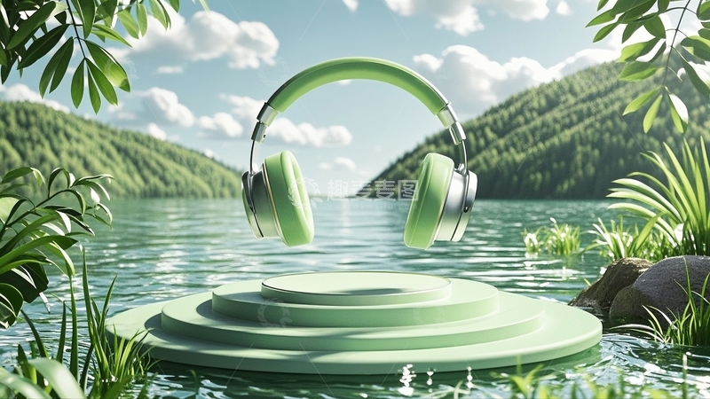 高清大图下载【趣麦麦图】绿色自然耳机音乐节背景3