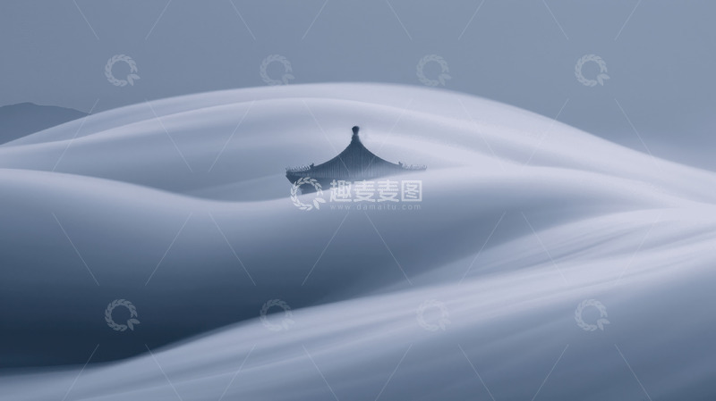 高清大图下载【趣麦麦图】云雾缭绕孤寡场景AI插画壁纸背景图片素材1