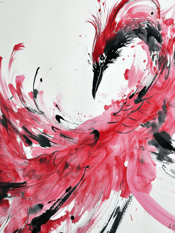 红色粉色水墨凤凰AI插画壁纸背景图片素材2