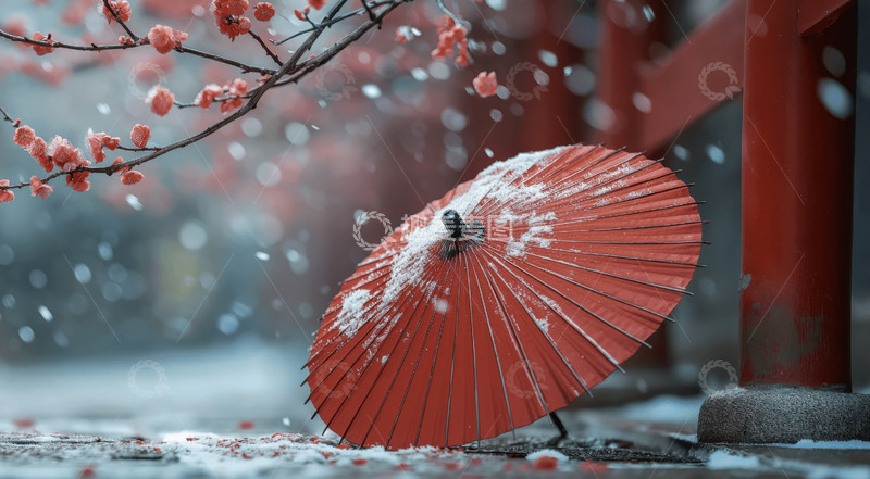 高清大图下载【趣麦麦图】-冬季红伞红墙梅花古建筑AI插画壁纸背景图6