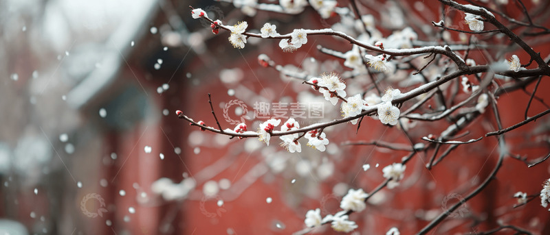 高清大图下载【趣麦麦图】-冬季红伞红墙梅花古建筑AI插画壁纸背景图