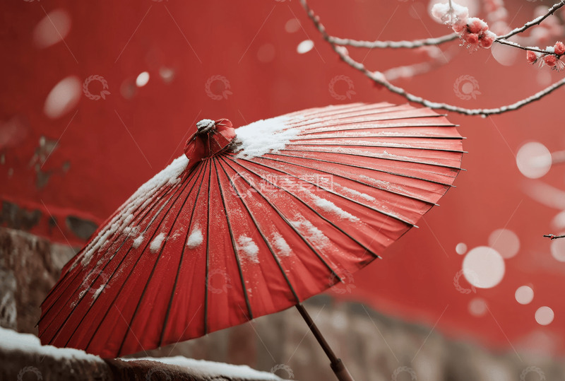 高清大图下载【趣麦麦图】-冬季红伞红墙梅花古建筑AI插画壁纸背景图5