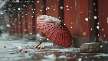 冬季红伞红墙梅花古建筑AI插画壁纸背景图4