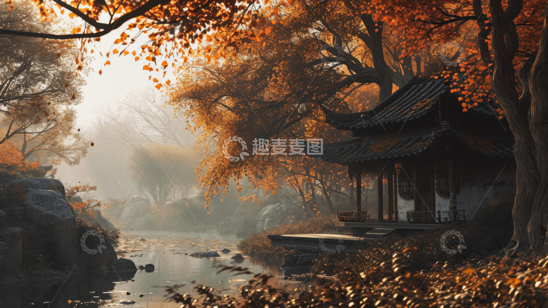 高清大图下载【趣麦麦图】秋季落叶枫叶自然场景AI插画壁纸背景图片