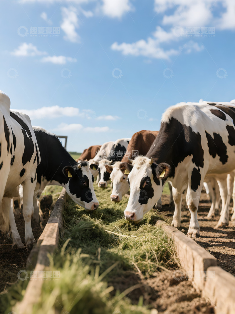 高清大图下载【趣麦麦图】奶牛吃青草牧场蓝天白云2