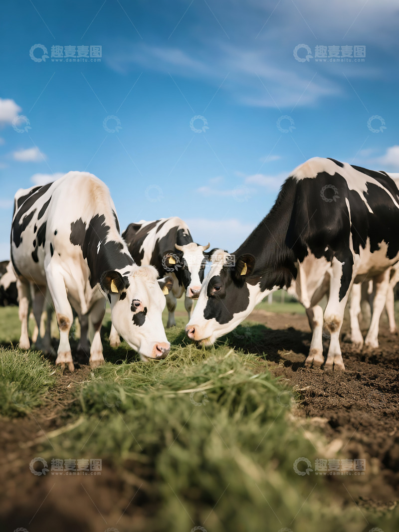 高清大图下载【趣麦麦图】奶牛吃青草牧场蓝天白云