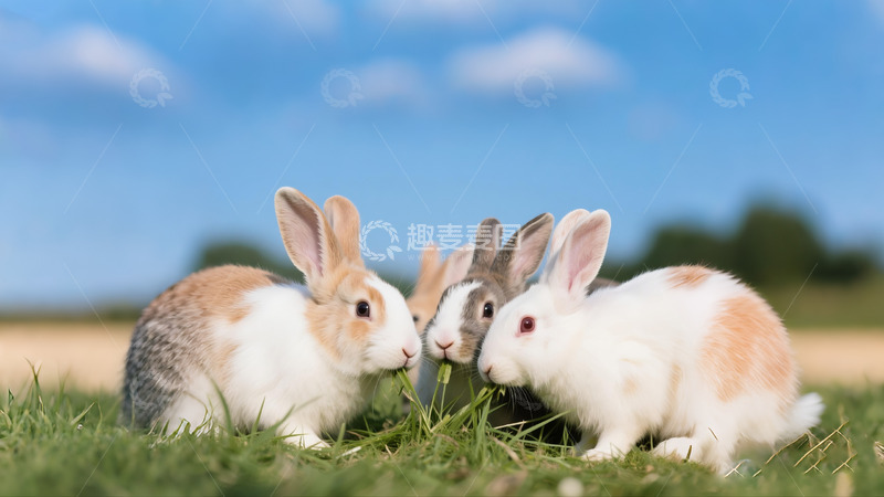 高清大图下载【趣麦麦图】兔子吃青草牧场蓝天白云
