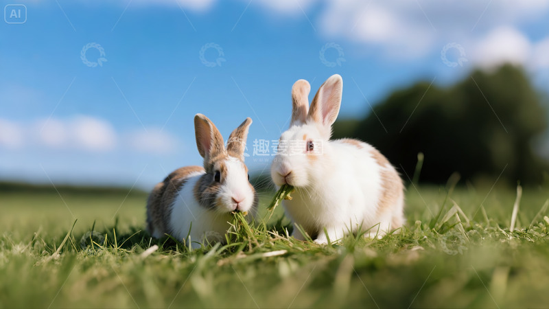 高清大图下载【趣麦麦图】兔子吃青草牧场蓝天白云3