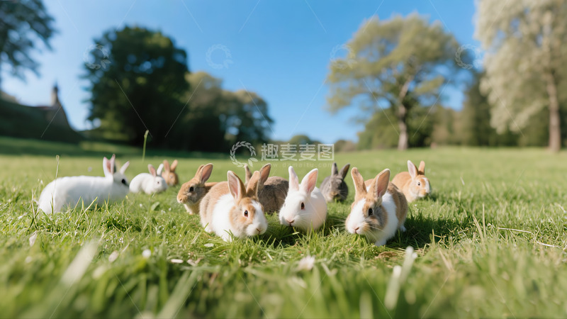 高清大图下载【趣麦麦图】兔子吃青草牧场蓝天白云2