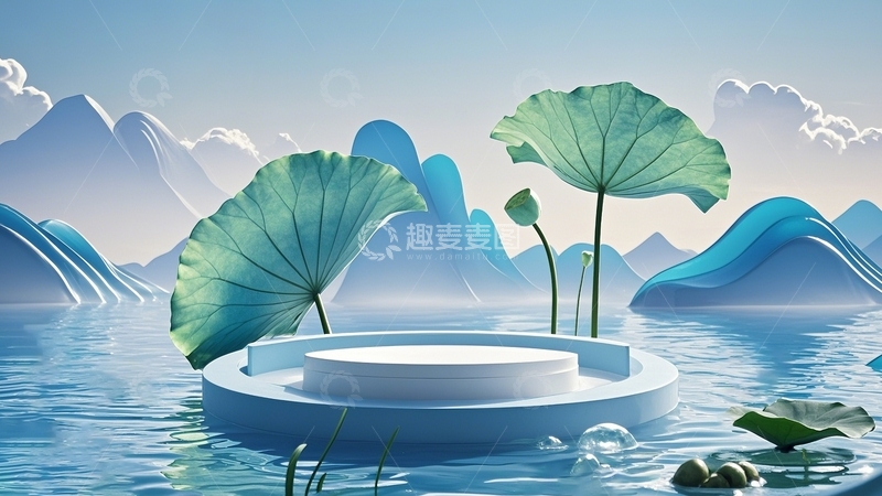高清大图下载【趣麦麦图】蓝色荷叶展台背景3