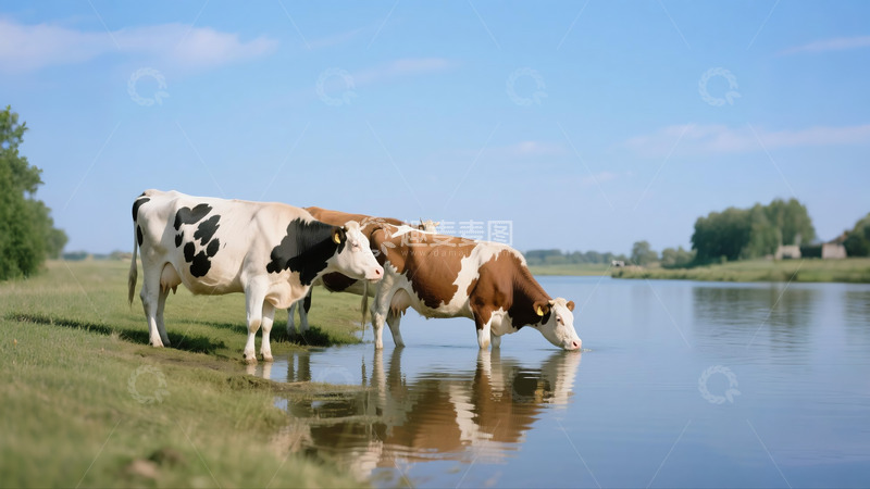 高清大图下载【趣麦麦图】奶牛在河边喝水畜牧场蓝天白云1