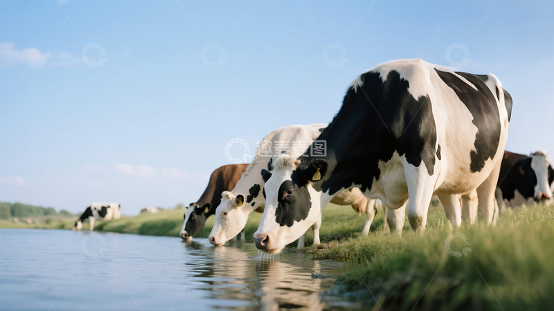高清大图下载【趣麦麦图】奶牛在河边喝水畜牧场蓝天白云