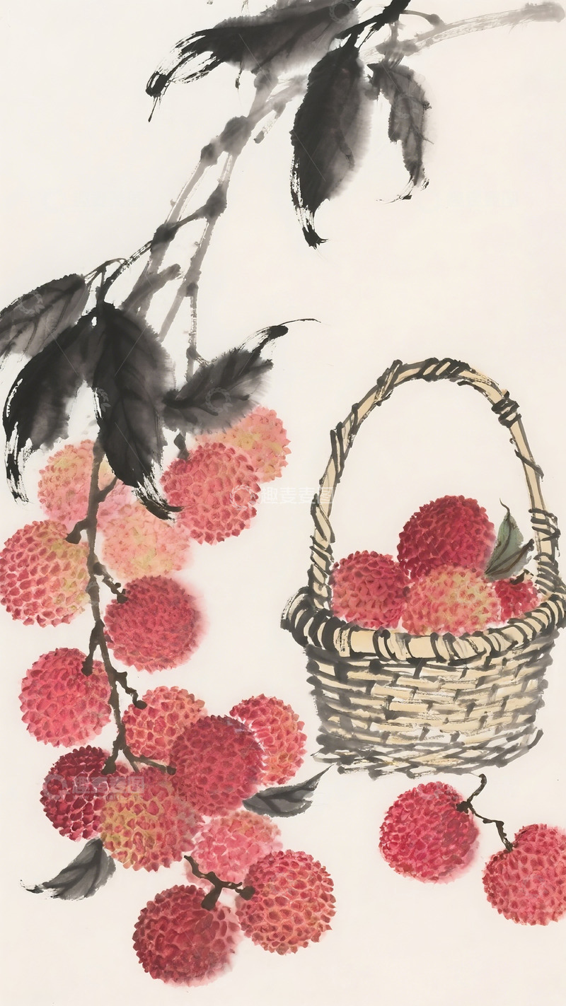 高清大图下载【趣麦麦图】荔枝水墨画1