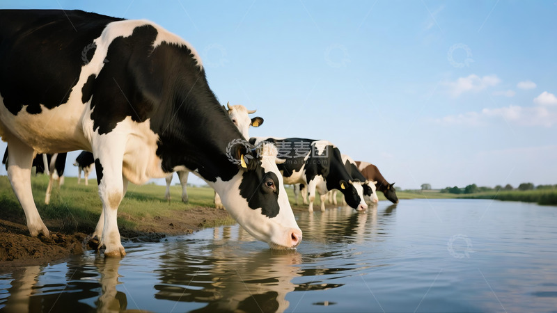 高清大图下载【趣麦麦图】奶牛在河边喝水畜牧场蓝天白云2