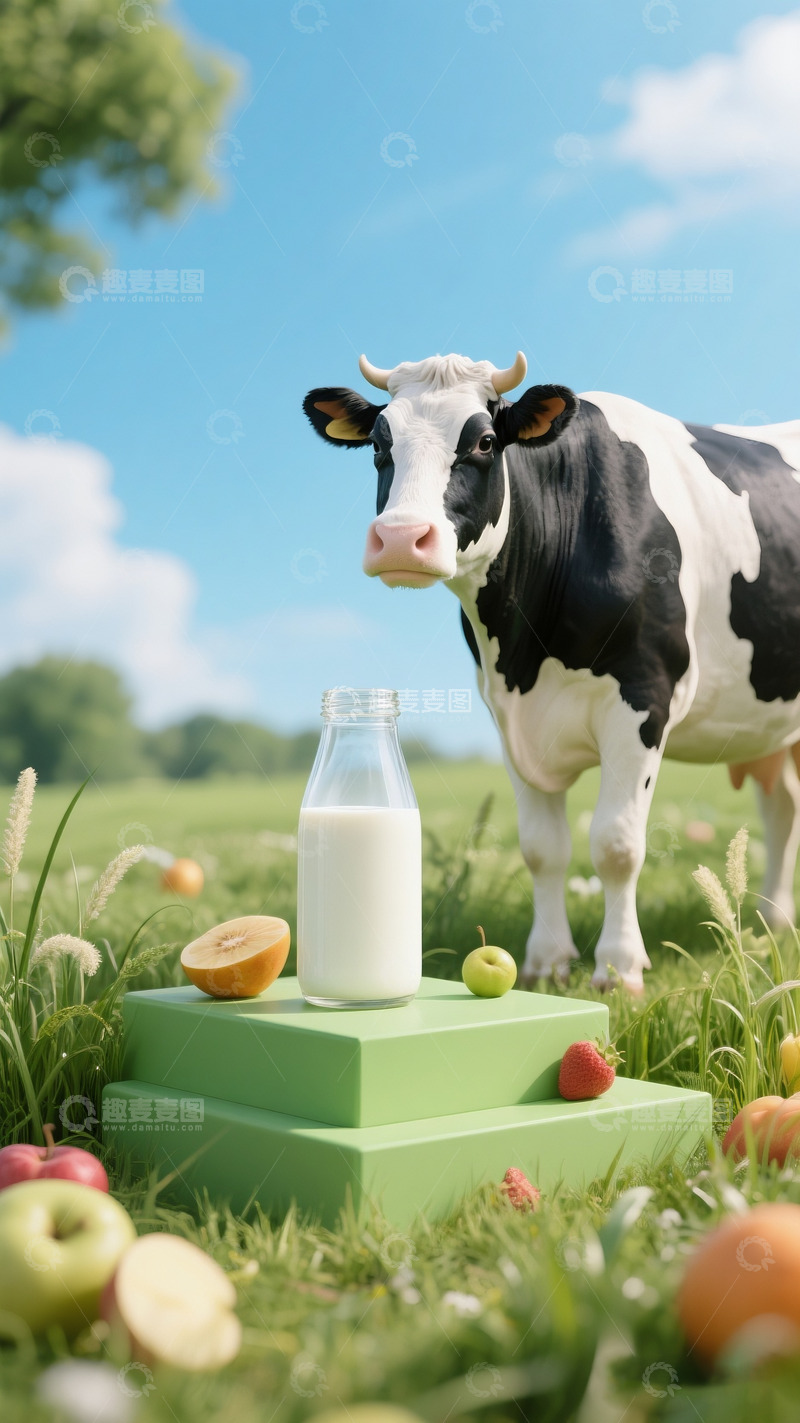 高清大图下载【趣麦麦图】电商牛奶广告场景奶牛牧场蓝天白云2