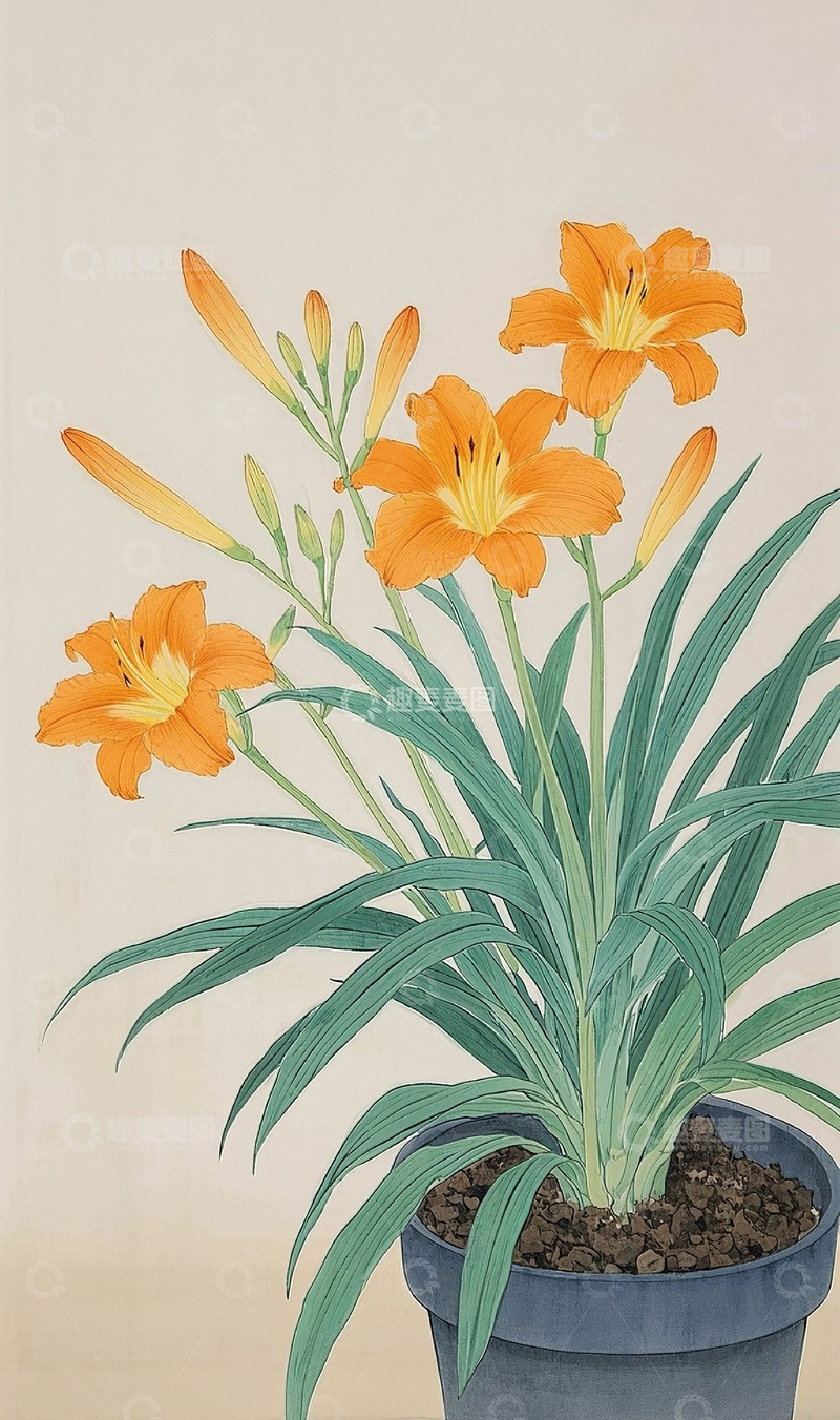 高清大图下载【趣麦麦图】萱草花工笔画