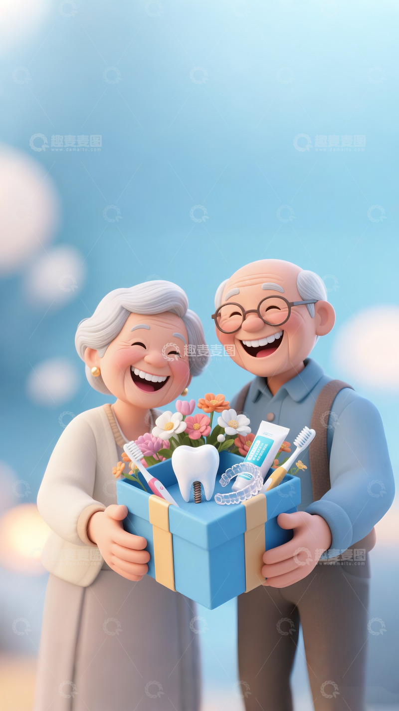 高清大图下载【趣麦麦图】牙科广告人物设计老人夫妻欢乐大笑