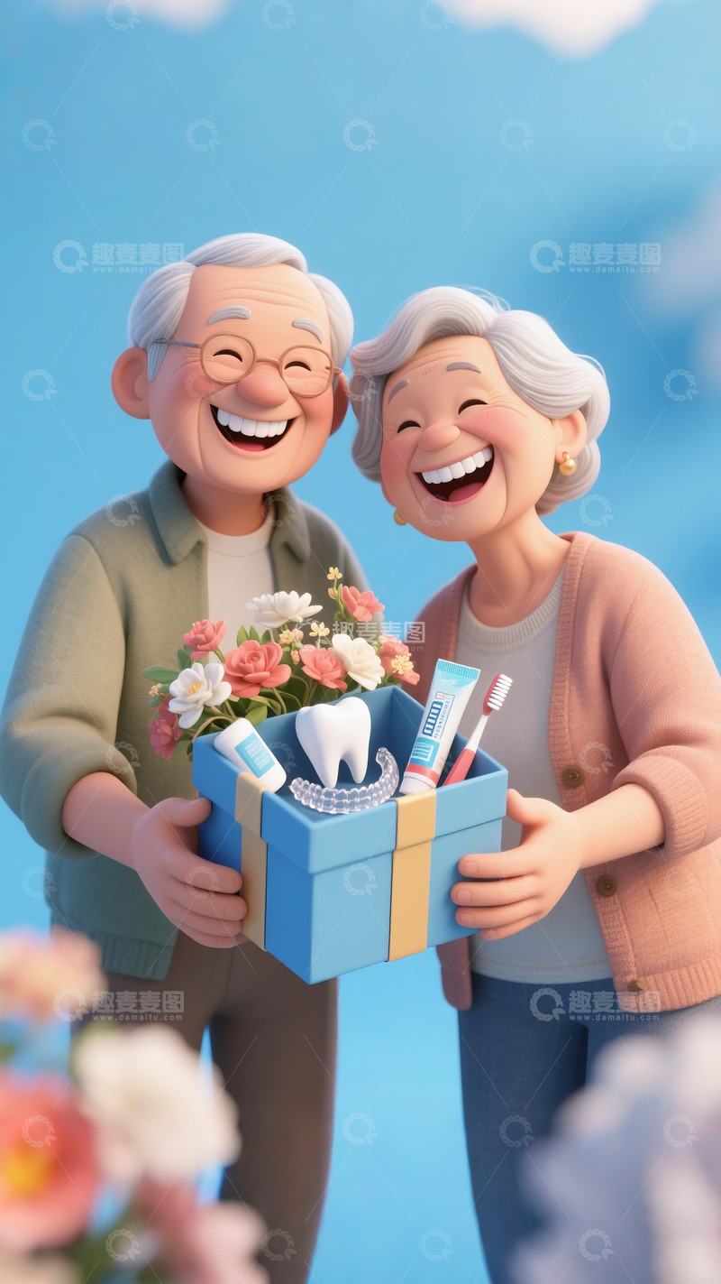 高清大图下载【趣麦麦图】牙科广告人物设计老人夫妻欢乐大笑7