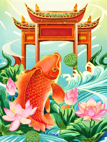 国潮插画鲤鱼跃龙门1