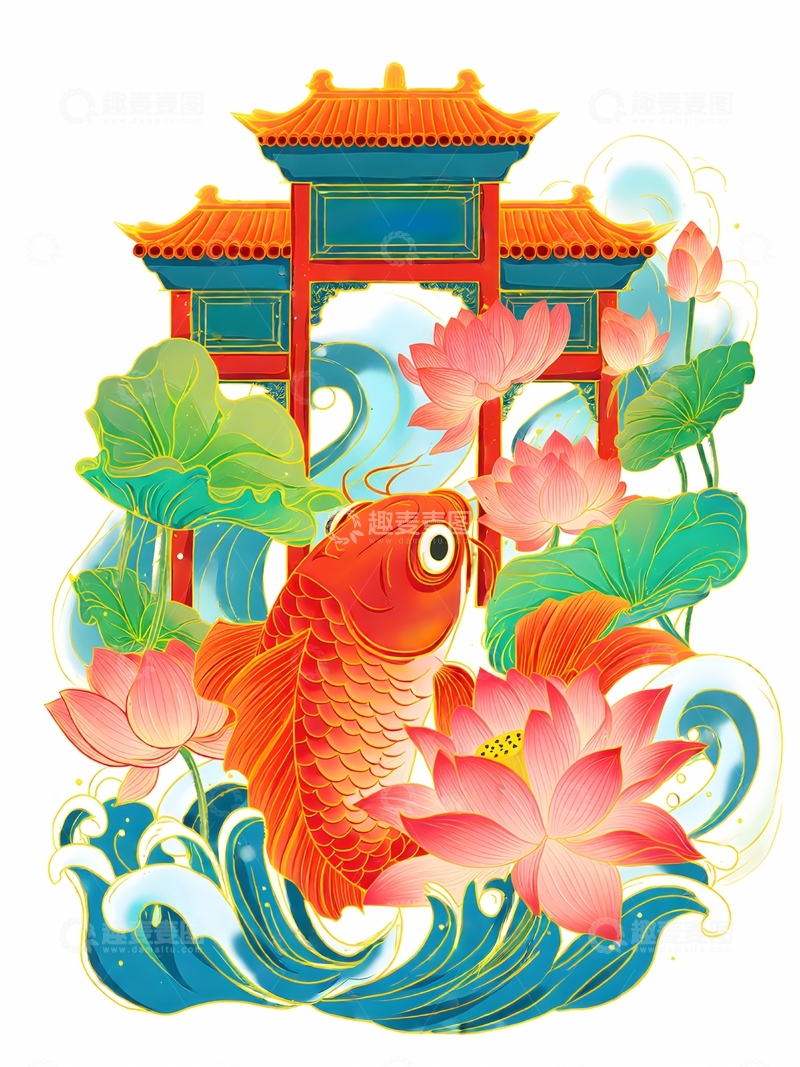 高清大图下载【趣麦麦图】国潮插画鲤鱼跃龙门