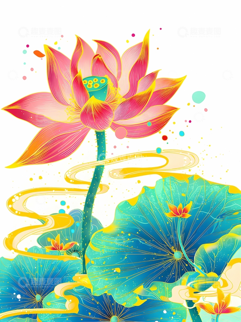 高清大图下载【趣麦麦图】-国潮插画荷花3