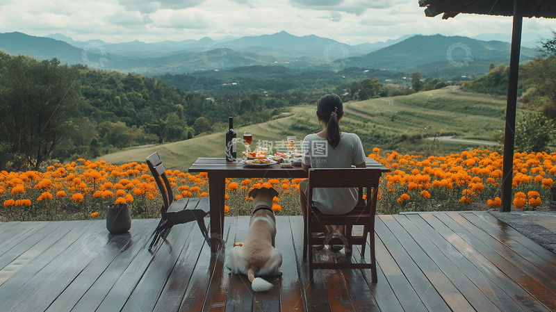 高清大图下载【趣麦麦图】女性人物与小狗在山间休闲度假1