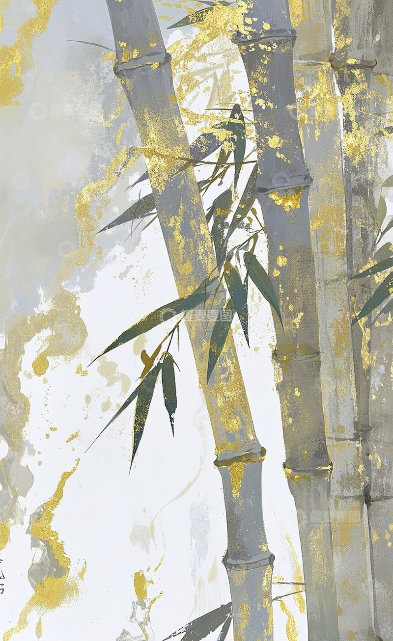 高清大图下载【趣麦麦图】金箔岩彩竹子插画1