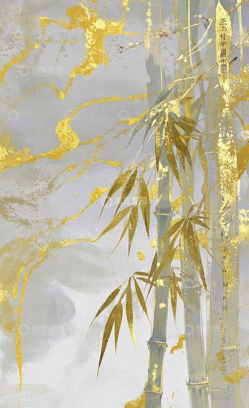 高清大图下载【趣麦麦图】金箔岩彩竹子插画10