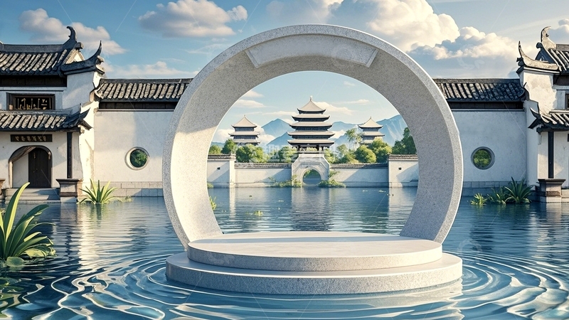 高清大图下载【趣麦麦图】大气徽派风景展台背景5