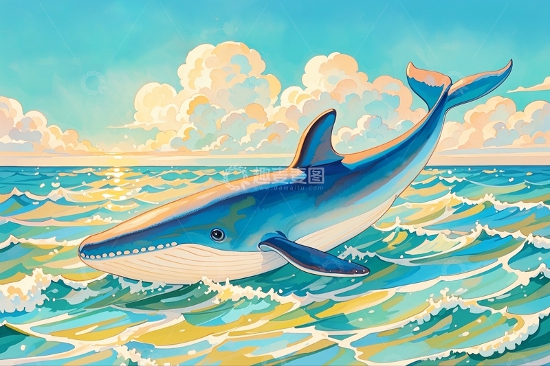 高清大图下载【趣麦麦图】水彩插画海豚