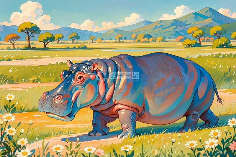 高清大图下载【趣麦麦图】水彩插画犀牛1