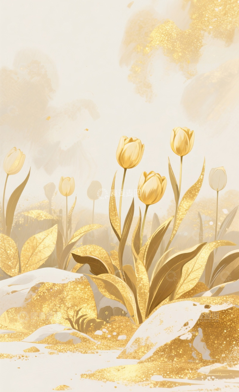 高清大图下载【趣麦麦图】金箔岩彩郁金香插画3