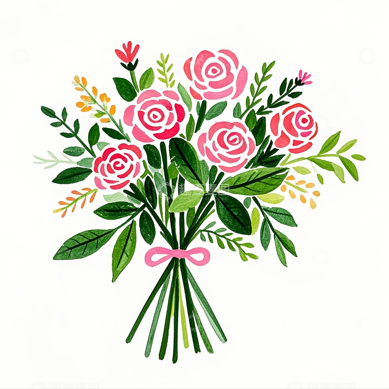 高清大图下载【趣麦麦图】卡通水彩手绘玫瑰花束1
