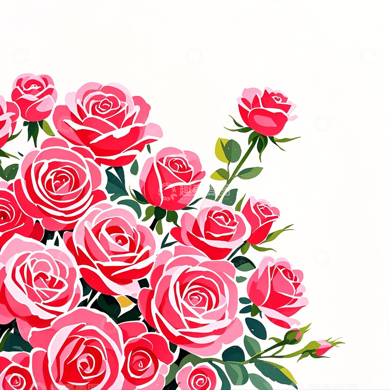 高清大图下载【趣麦麦图】卡通水彩手绘玫瑰花丛2