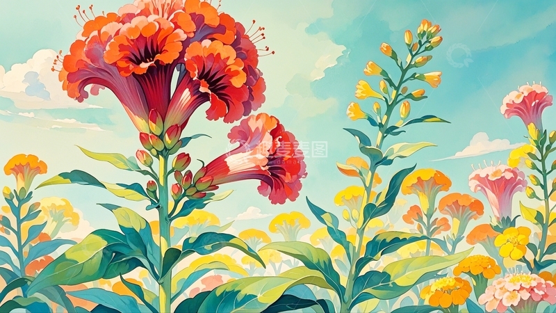 高清大图下载【趣麦麦图】水彩插画鸡冠花7