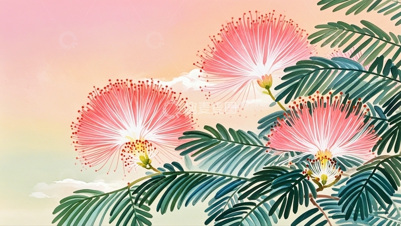 高清大图下载【趣麦麦图】水彩插画合欢花