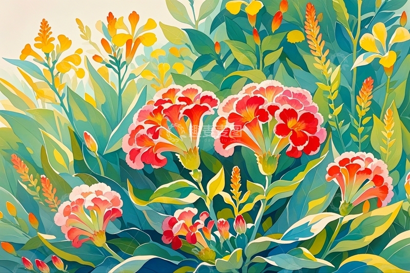 高清大图下载【趣麦麦图】水彩插画鸡冠花4