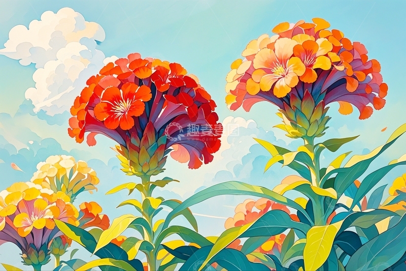 高清大图下载【趣麦麦图】水彩插画鸡冠花1