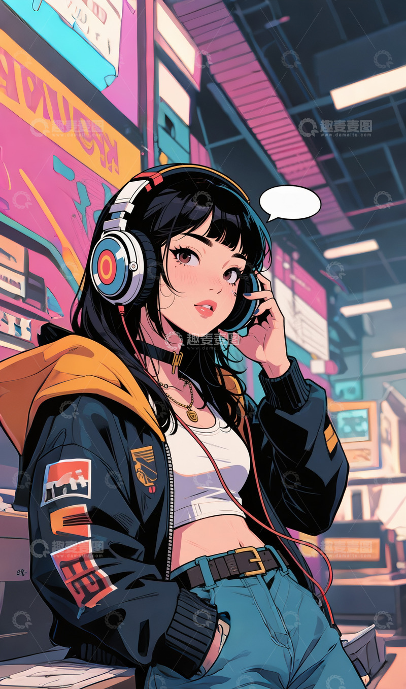 高清大图下载【趣麦麦图】潮流人物设计赛博朋克时尚人物听音乐1
