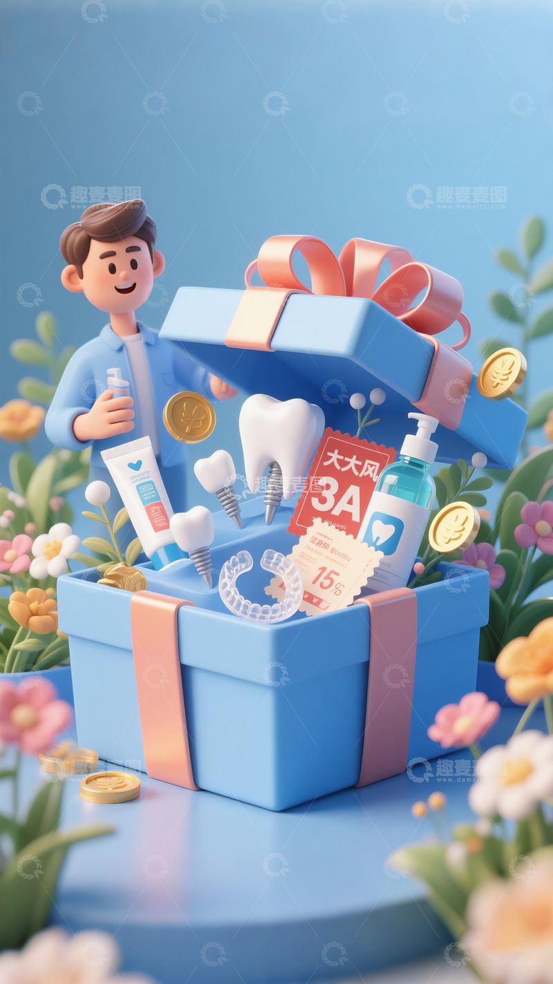 高清大图下载【趣麦麦图】618牙科电商促销海报3D渲染3
