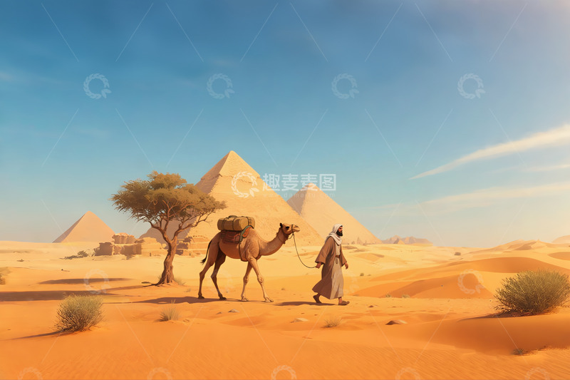 高清大图下载【趣麦麦图】沙漠的旅人骆驼荒漠梭梭树金字塔1