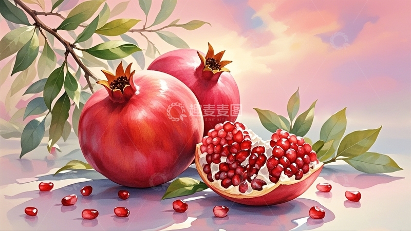 高清大图下载【趣麦麦图】水彩插画红石榴 2