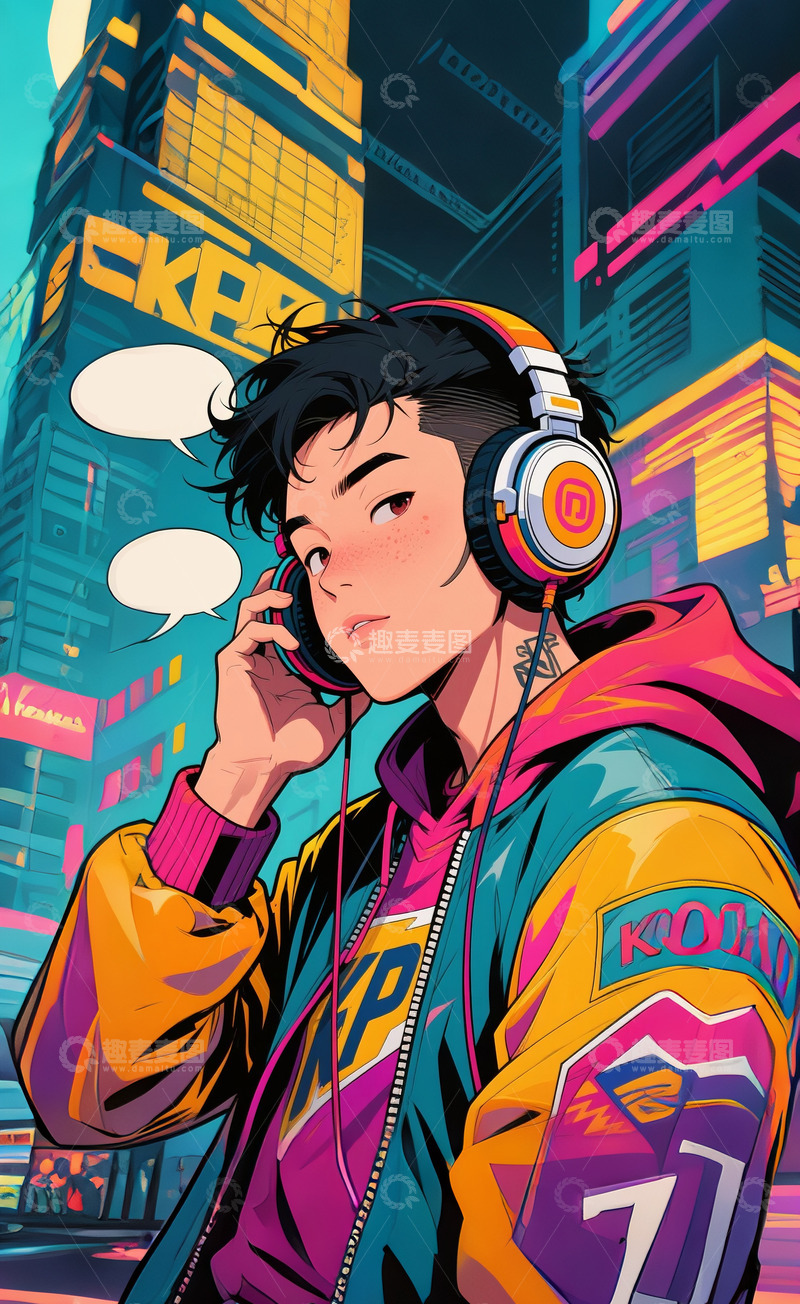 高清大图下载【趣麦麦图】潮流人物设计赛博朋克时尚人物听音乐3