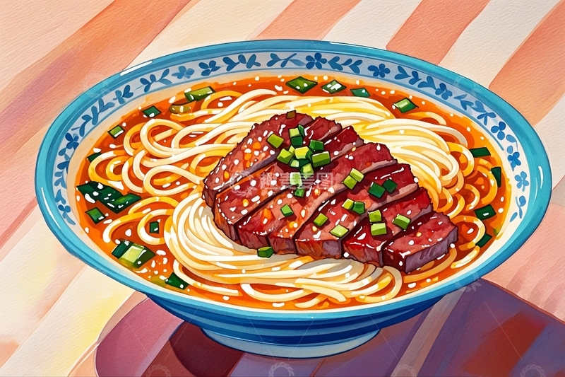 高清大图下载【趣麦麦图】水彩插画牛肉面2