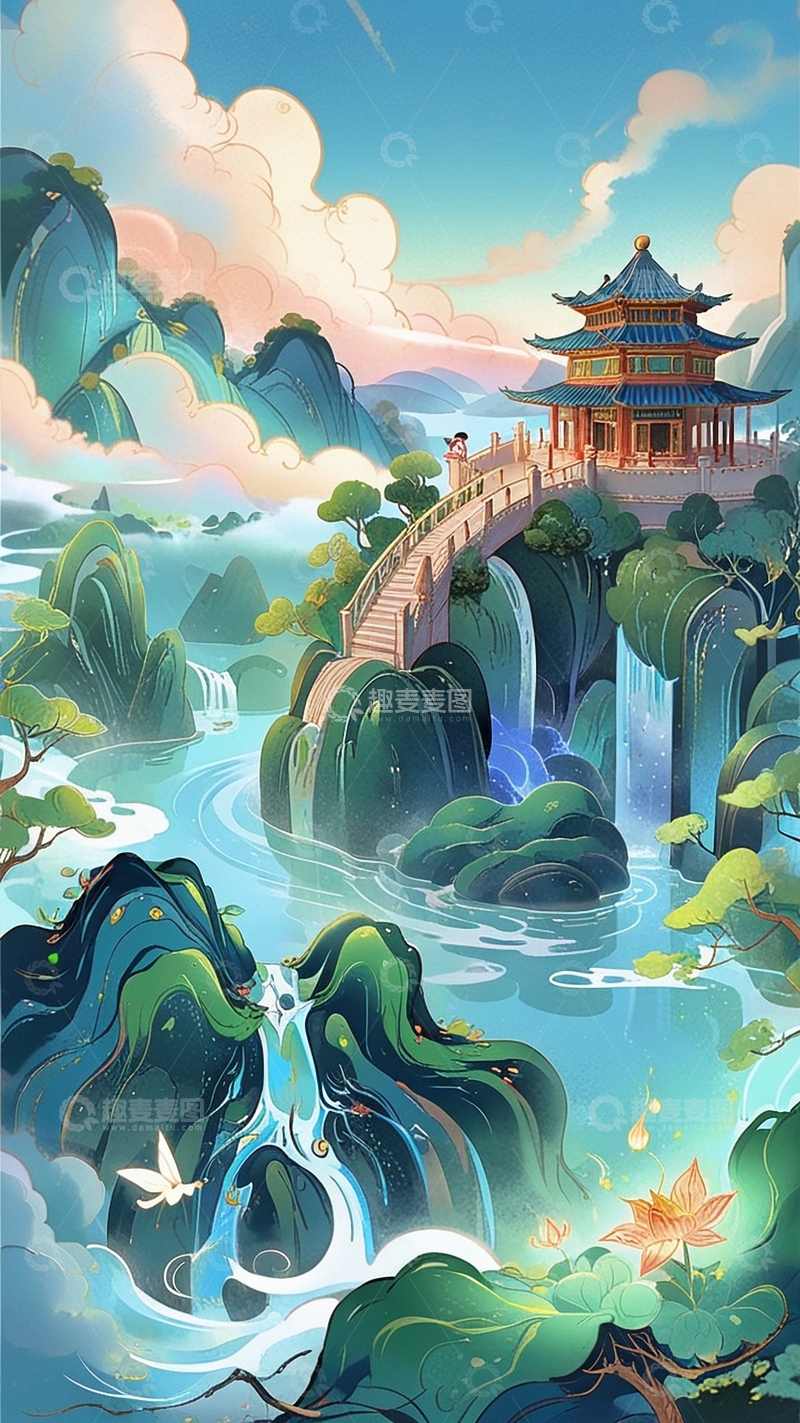 高清大图下载【趣麦麦图】-国潮插画艺术 风景 背景3