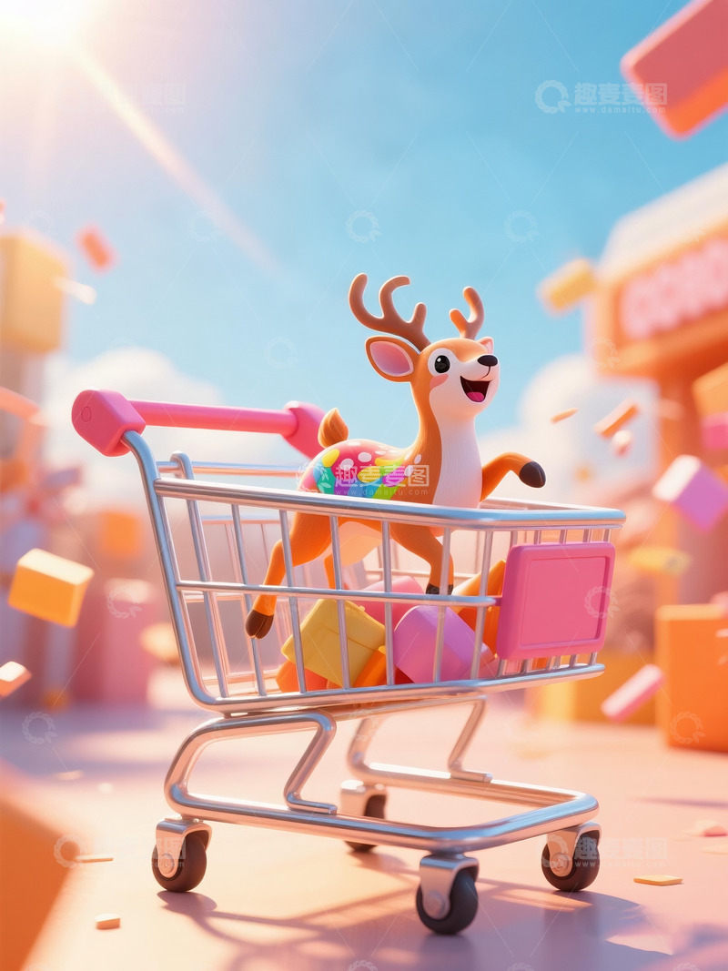 618电商促销海报喜庆购物车小鹿
