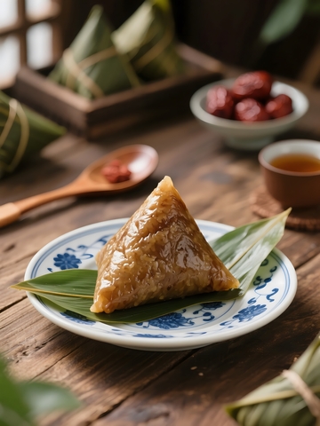 蓝白瓷盘上的美味粽子