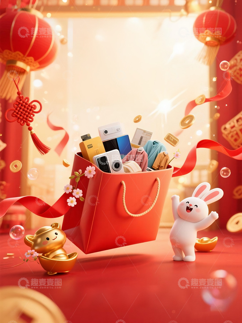 618电商喜庆红色灯笼兔子购物袋