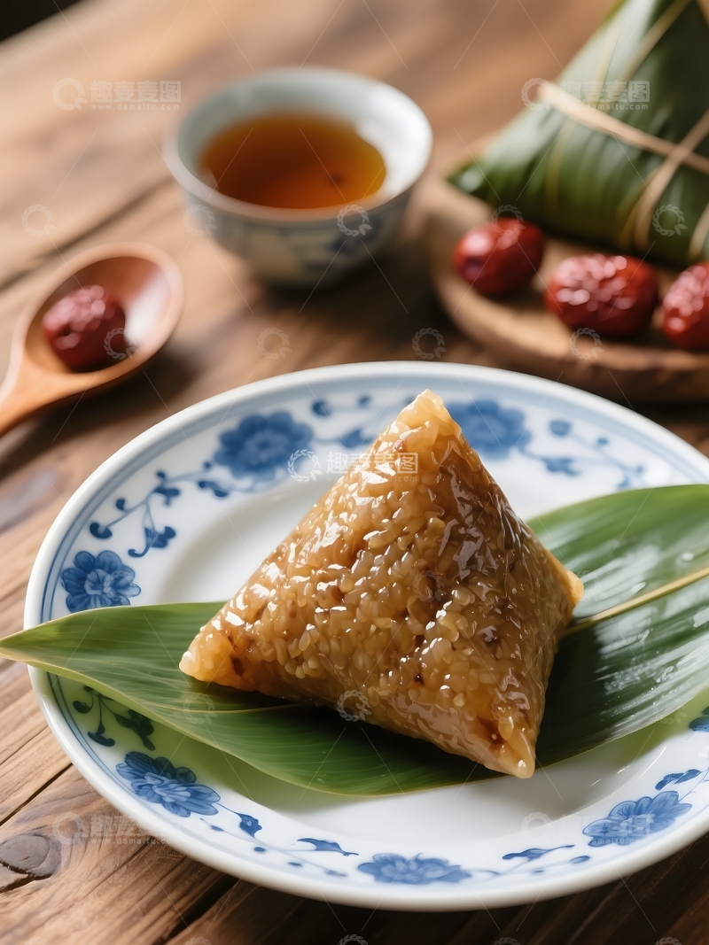 高清大图下载【趣麦麦图】蓝白瓷盘上的美味粽子2